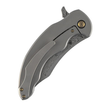 Kansept Gilgamesh Folding Knife Black Shredded Carbon Fiber Handle Damascus Trailing Point Plain Edge K1128A3