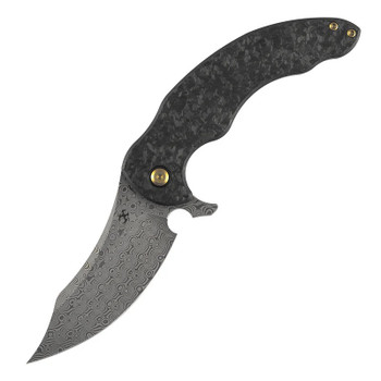 Kansept Gilgamesh Folding Knife Black Shredded Carbon Fiber Handle Damascus Trailing Point Plain Edge K1128A3