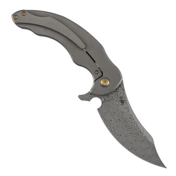 Kansept Gilgamesh Folding Knife Bronze Titanium Handle With Holes Damascus Trailing Point Plain Edge K1128A5