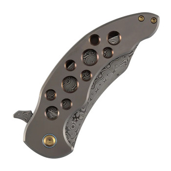 Kansept Gilgamesh Folding Knife Bronze Titanium Handle With Holes Damascus Trailing Point Plain Edge K1128A5