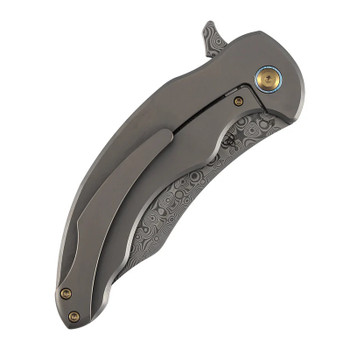 Kansept Gilgamesh Folding Knife Bronze Titanium Handle With Holes Damascus Trailing Point Plain Edge K1128A5