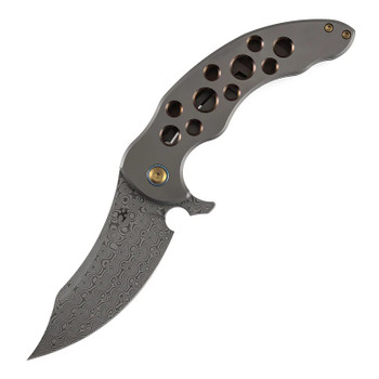 Kansept Gilgamesh Folding Knife Bronze Titanium Handle With Holes Damascus Trailing Point Plain Edge K1128A5