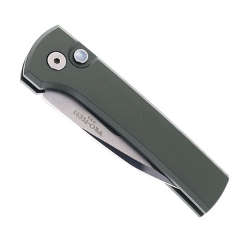 Pro-Tech Knives Compact Custom 003 Chaves Scapegoat Automatic Knife Green Aluminum Handle Mike Irie Mirror Polished 154CM Blade Pearl Button