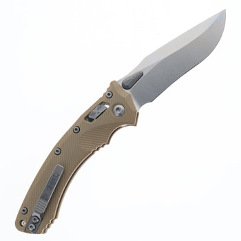 Microtech Amphibian Ram-Lok Folding Knife S/E Stonewash Finish Bohler M390MK Blade Tan G10 Handle 137RL-10FLGTTA
