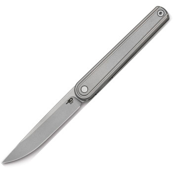 Bestech Ink Folding Knife Stonewash Titanium Handle Magnacut Drop Point Plain Edge White Sandblast/Stonewash Finish BT2502A
