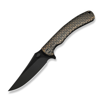 WE Dracarys Folding Knife Bronze/Black Titanium Handle M390 Clip Point Plain Edge Black Stonewashed Bevels, Black Brushed Flats Finish Limited Edition WE25061B-4