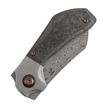 Kansept Pluto Folding Knife Stonewash Titanium/Shred Carbon Fiber Handle Damascus Drop Point Plain Edge K3129A3