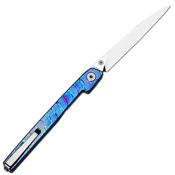 CJRB Lanky Folding Knife Blue Titanium Damascus Handle S90V Wharncliffe Plain Edge Mirror Polish Finish J1965G-TDB