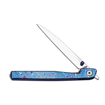 CJRB Lanky Folding Knife Blue Titanium Damascus Handle S90V Wharncliffe Plain Edge Mirror Polish Finish J1965G-TDB