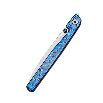 CJRB Lanky Folding Knife Blue Titanium Damascus Handle S90V Wharncliffe Plain Edge Mirror Polish Finish J1965G-TDB