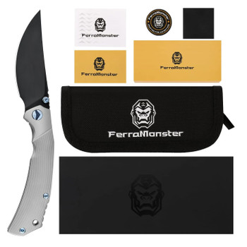 FerraMonster Reaver Folding Knife Beadblast Titanium Handle S90V Clip Point Plain Edge Black DLC Finish FM23010-B
