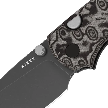 Kizer Glaux Folding Knife Black Vortex Pattern Micarta Handle 14C28N Drop Point Plain Edge Gray PVD/Stonewash Finish V3801A2