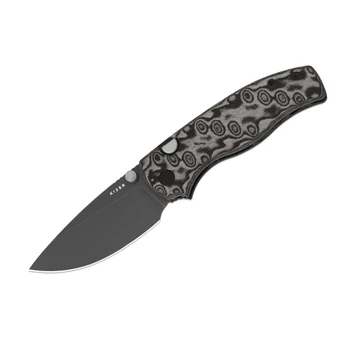 Kizer Glaux Folding Knife Black Vortex Pattern Micarta Handle 14C28N Drop Point Plain Edge Gray PVD/Stonewash Finish V3801A2