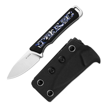 Kizer Whiskey Jack Fixed Blade Knife Black/Blue/White G10/Vortex Pattern Micarta Handle AEB-L Drop Point Plain Edge Satin Finish 1108A6