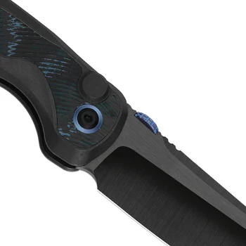 Kizer Mithri Folding Knife Black/Blue Titanium FatCarbon Handle M390 Tanto Plain Edge Hand Brushed DLC Ultra Finish ZX-FK08A2