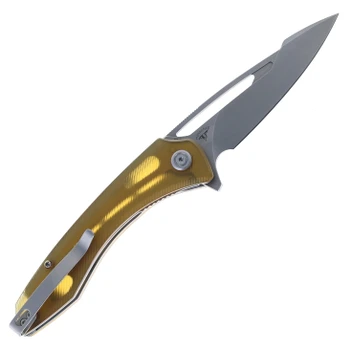 Kubey Merced Folding Knife Amber Ultem Handle AUS-10 Drop Point Plain Edge Beadblast Finish KU345I