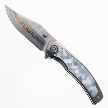 SixLeaf Folding Knife Mother of Pearl Titanium Handle Damascus Plain Edge SL-101-Damascus