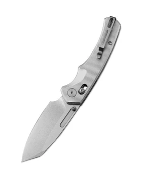Penrose Stasis Folding Knife Silver Aluminium Handle 154CM Modified Sheepfoot Plain Edge Stonewash Finish