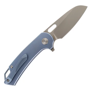 Dreamtech Button Lock Folding Knife Blue Titanium Handle M390 Sheepsfoot Plain Edge Satin Finish DTK3599BL