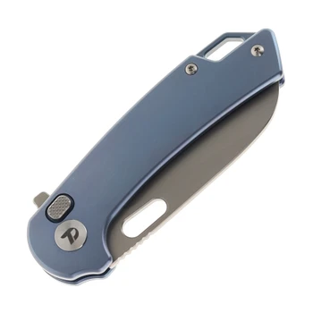 Dreamtech Button Lock Folding Knife Blue Titanium Handle M390 Sheepsfoot Plain Edge Satin Finish DTK3599BL