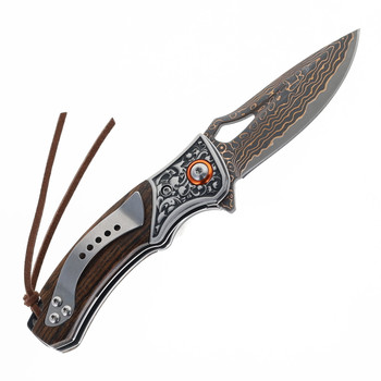 Klaken Folding Knife Ebony Wood Handle Damascus Plain Edge J390-Tidekin-Ebony