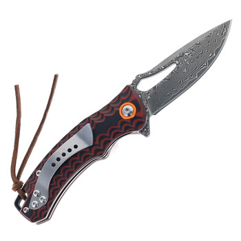 Klaken Folding Knife Black/Red G10 Handle Damascus Plain Edge J390-Tidekin-Black-Red