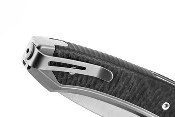 (Button Stick) Open Box/Returned Lion Steel Twain Folding Knife Gray Titanium/Carbon Fiber Handle Magnacut Plain Edge Satin Finish