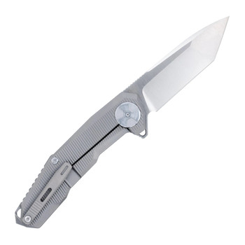 CobraTec Barracuda Framelock Folding Knife Gray Titanium Handle M390 Tanto Plain Edge CTBRCM390TNS