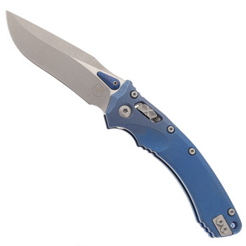 Microtech Amphibian RAM-LOK Folding Knife Antique Blue Titanium Handle with Blue Accents Marfione Select Apocalyptic M390MK Blade 137RL-10APMS2