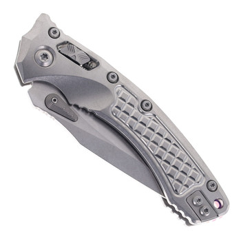 Microtech Amphibian Ram-Lok Folding Knife Marfione Select Stonewash Frag Titanium M390MK Stonewash Blade Purple Backspacer 137RL-10FRMS3