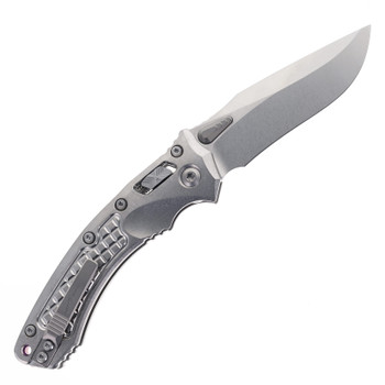 Microtech Amphibian Ram-Lok Folding Knife Marfione Select Stonewash Frag Titanium M390MK Stonewash Blade Purple Backspacer 137RL-10FRMS3