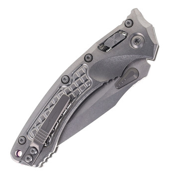 Microtech Amphibian Ram-Lok Folding Knife Marfione Select Stonewash Frag Titanium M390MK Stonewash Blade Purple Backspacer 137RL-10FRMS3