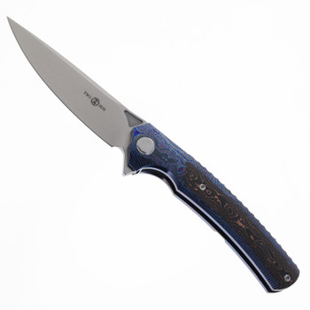 TwoSun Folding Knife  Zirconium Damascus/Carbon Fiber Handle M390 Drop Point Plain Edge Stonewash Finish TS81-Zircuti-Copper