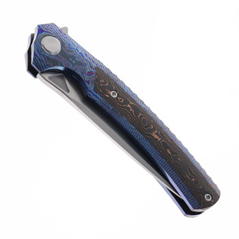 TwoSun Folding Knife  Zirconium Damascus/Carbon Fiber Handle M390 Drop Point Plain Edge Stonewash Finish TS81-Zircuti-Copper
