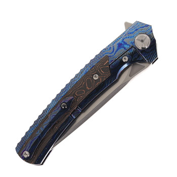 TwoSun Folding Knife  Zirconium Damascus/Carbon Fiber Handle M390 Drop Point Plain Edge Stonewash Finish TS81-Zircuti-Copper