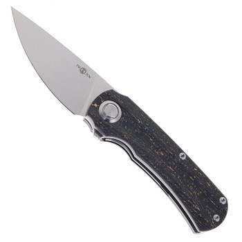 TwoSun Folding Knife Titanium/Gold Carbon Fiber Handle YJ01-V1 Drop Point Plain Edge Stonewash Finish TS243-YJ01-V1-SW-GOLD-CF
