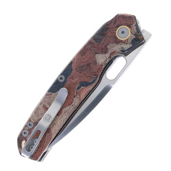Vosteed Folding Knife Canvas Rag Burl/Red Current Micarta Handle Elmax Drop Point Plain Edge Satin Finish A2234