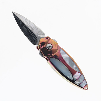 Rike Mini Cicada-Pi(S) Folding Knife Mother of Pearl Titanium Handle Damasteel Plain Edge Mirror Polish Finish