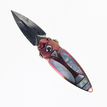 Rike Mini Cicada-Pi(S) Folding Knife Mother of Pearl Titanium Handle Damasteel Plain Edge Mirror Polish Finish