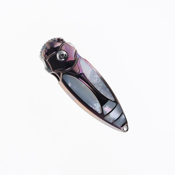 Rike Mini Cicada-Pu(S) Folding Knife Purple Titanium/Mother of Pearl Handle Damasteel Plain Edge Mirror Finish