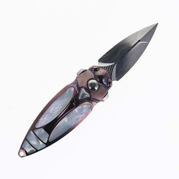 Rike Mini Cicada-Pu(S) Folding Knife Purple Titanium/Mother of Pearl Handle Damasteel Plain Edge Mirror Finish