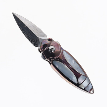 Rike Mini Cicada-Pu(S) Folding Knife Purple Titanium/Mother of Pearl Handle Damasteel Plain Edge Mirror Finish
