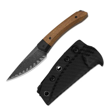 Kizer Momo Fix 3 Fixed Blade Knife Brown/Black Mkuruti Wood/G10 Handle Takefu VG-10 Damascus Drop Point Plain Edge 1124A1