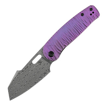 Kansept Orlok Folding Knife Purple Anodized Titanium/Micro Rock Texture Handle Damascus Reverse Tanto Plain Edge Acid Etched Finish K2111A6