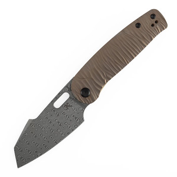 Kansept Orlok Folding Knife Bronze Anodized Titanium/Micro Rock Texture Handle Damascus Reverse Tanto Plain Edge Acid Etched Finish K2111A7