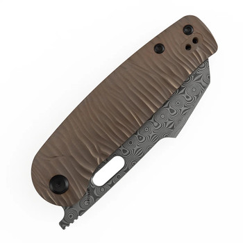 Kansept Orlok Folding Knife Bronze Anodized Titanium/Micro Rock Texture Handle Damascus Reverse Tanto Plain Edge Acid Etched Finish K2111A7