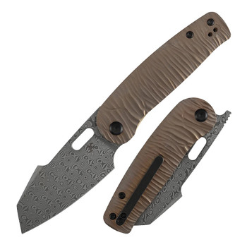 Kansept Orlok Folding Knife Bronze Anodized Titanium/Micro Rock Texture Handle Damascus Reverse Tanto Plain Edge Acid Etched Finish K2111A7