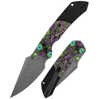 Kansept Fenrir Folding Knife PC/Purple Undead Print Handle Damascus Harpoon Plain Edge K1034S7