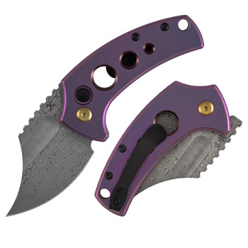 Kansept Wasp Folding Knife Purple Anodized Titanium/Holes Handle Damascus Plain Edge Modified Wharncliffe Acid Etched Finish T2144F6