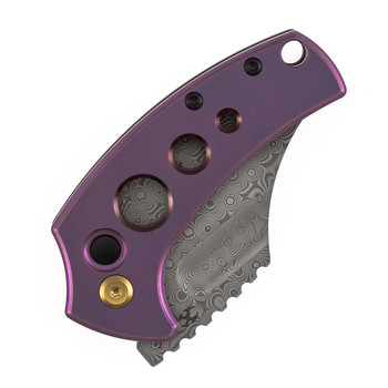 Kansept Wasp Folding Knife Purple Anodized Titanium/Holes Handle Damascus Plain Edge Modified Wharncliffe Acid Etched Finish T2144F6